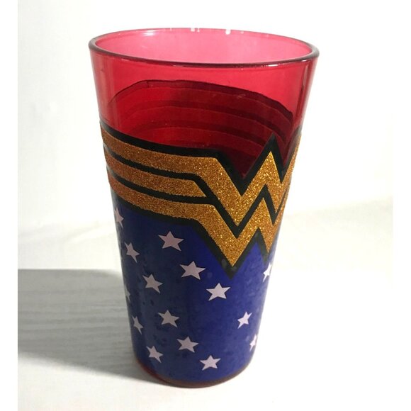 Wonder Woman 16 oz Glass Tumbler Cup Red & Blue with Stars DC Comics - Picture 4 of 6